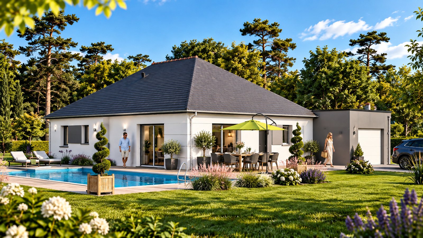 Brand new three-bedroom bungalow with integrated garage of the type built in the Manche, southern Normandy