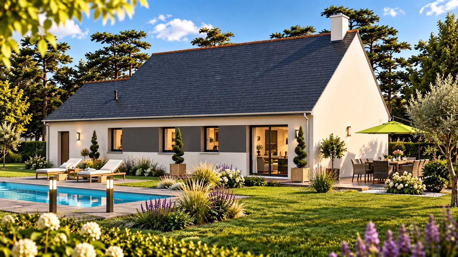 Brand new three-bedroom bungalow with integrated garage of the type built in the Manche, southern Normandy