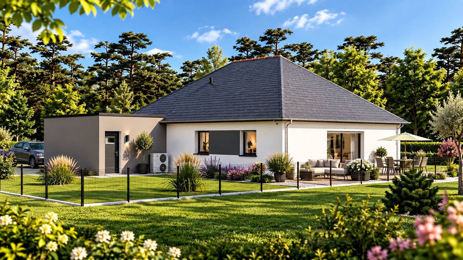 Brand new three-bedroom bungalow with integrated garage of the type built in the Manche, southern Normandy