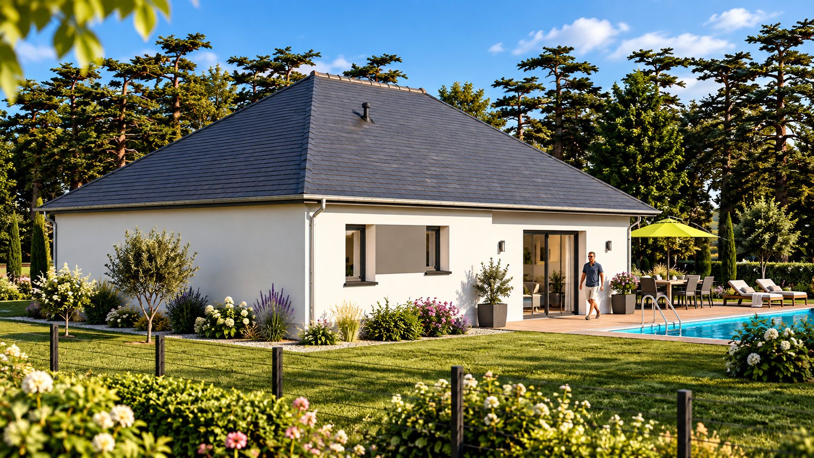 Brand new three-bedroom bungalow with integrated garage of the type built in the Manche, southern Normandy