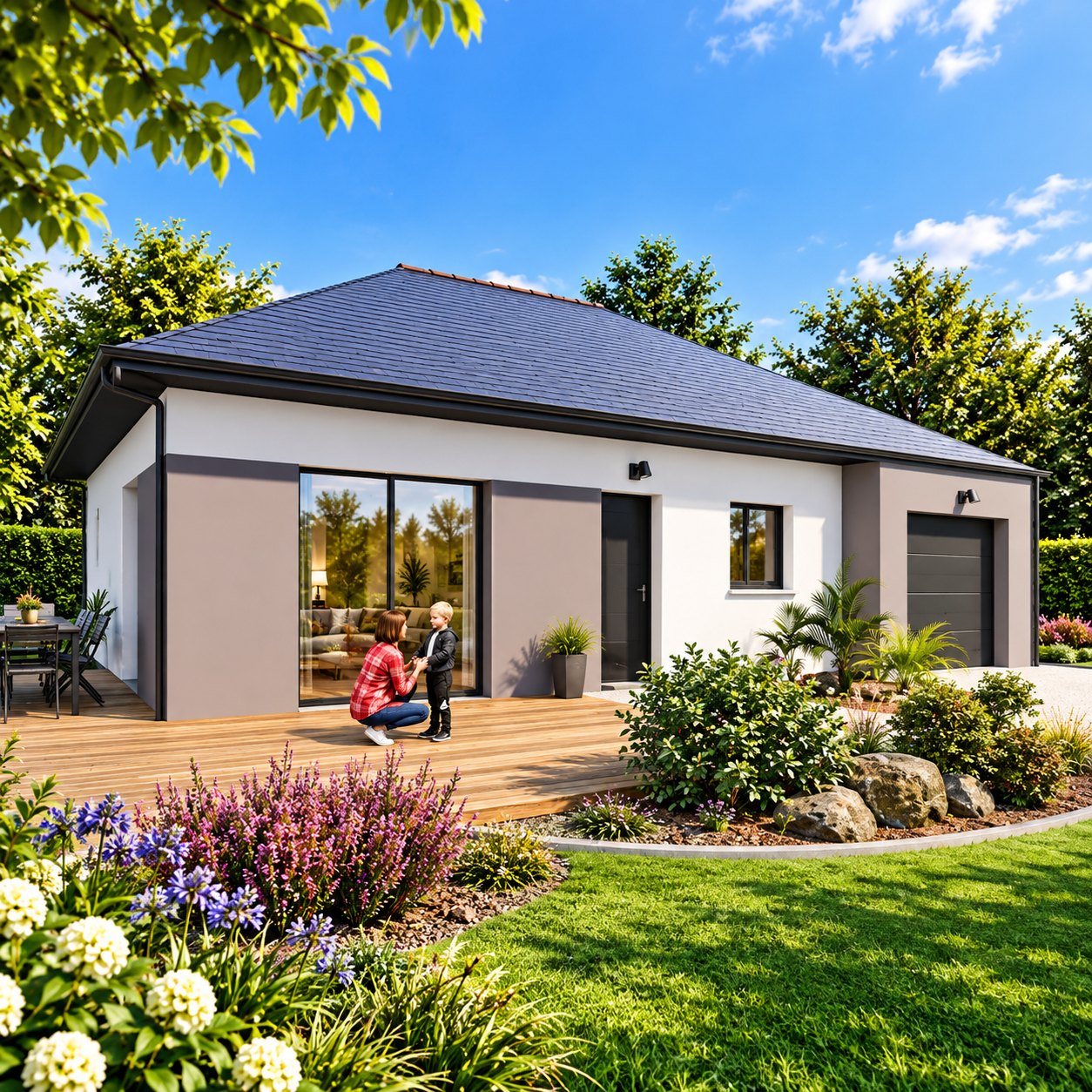 Brand new three-bedroom bungalow with integrated garage of the type built at Lizio in the Morbihan
