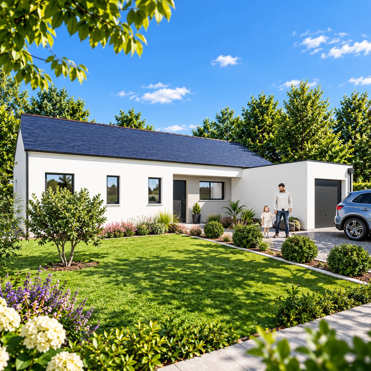 Brand new three-bedroom bungalow with integrated garage of the type built at Rohan in the Morbihan