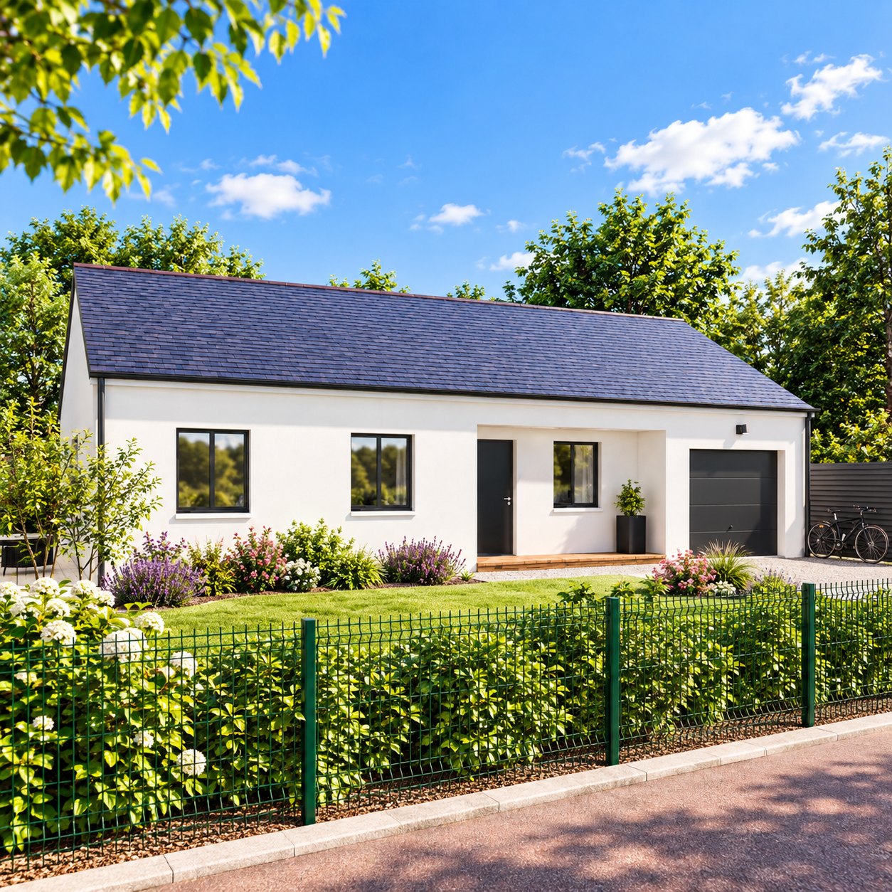 Brand new three-bedroom bungalow with integrated garage of the type built at Neulliac in the Morbihan