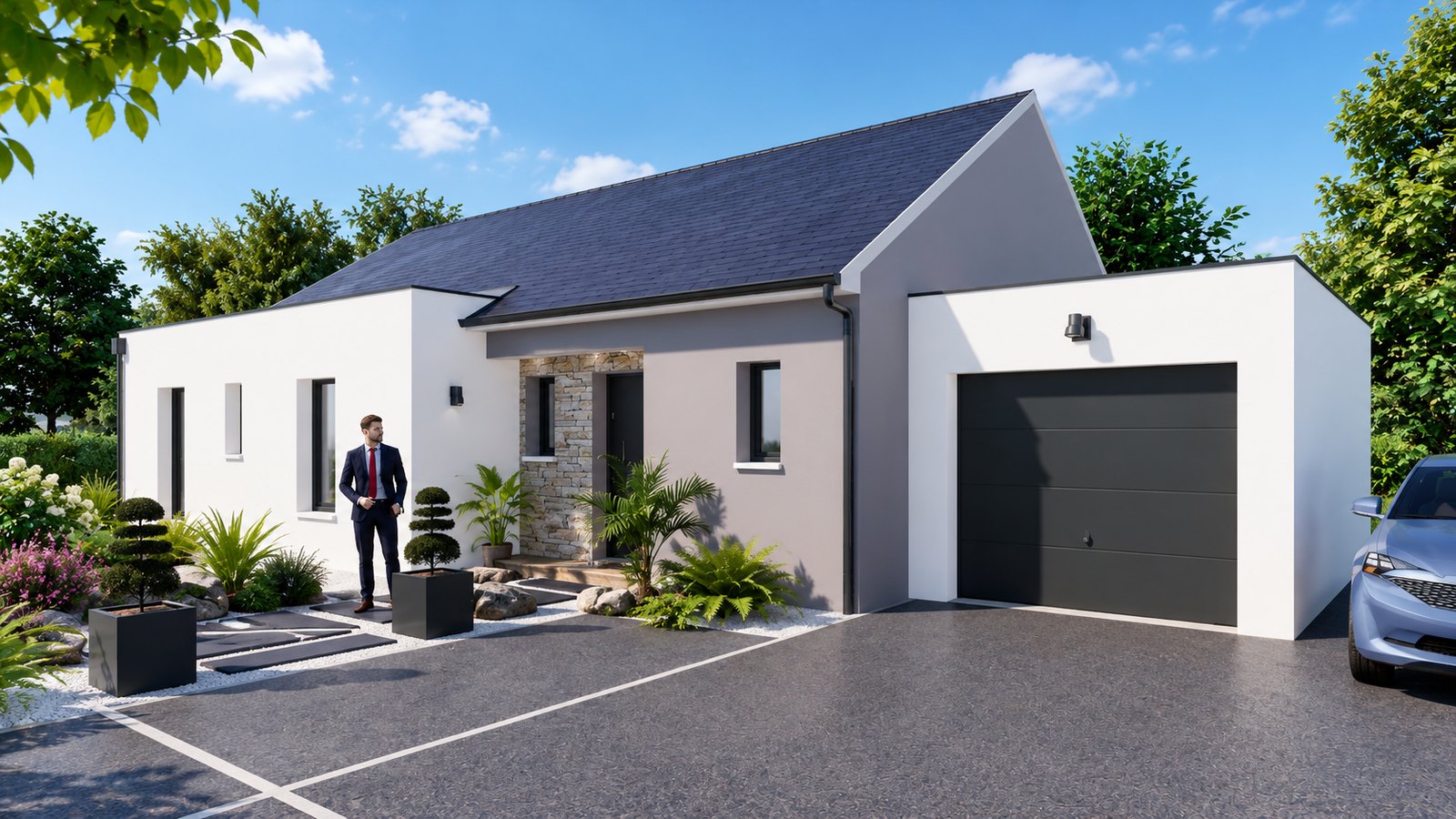 Brand new three-bedroom bungalow with integrated garage of the type built at Langoëlan in the Morbihan