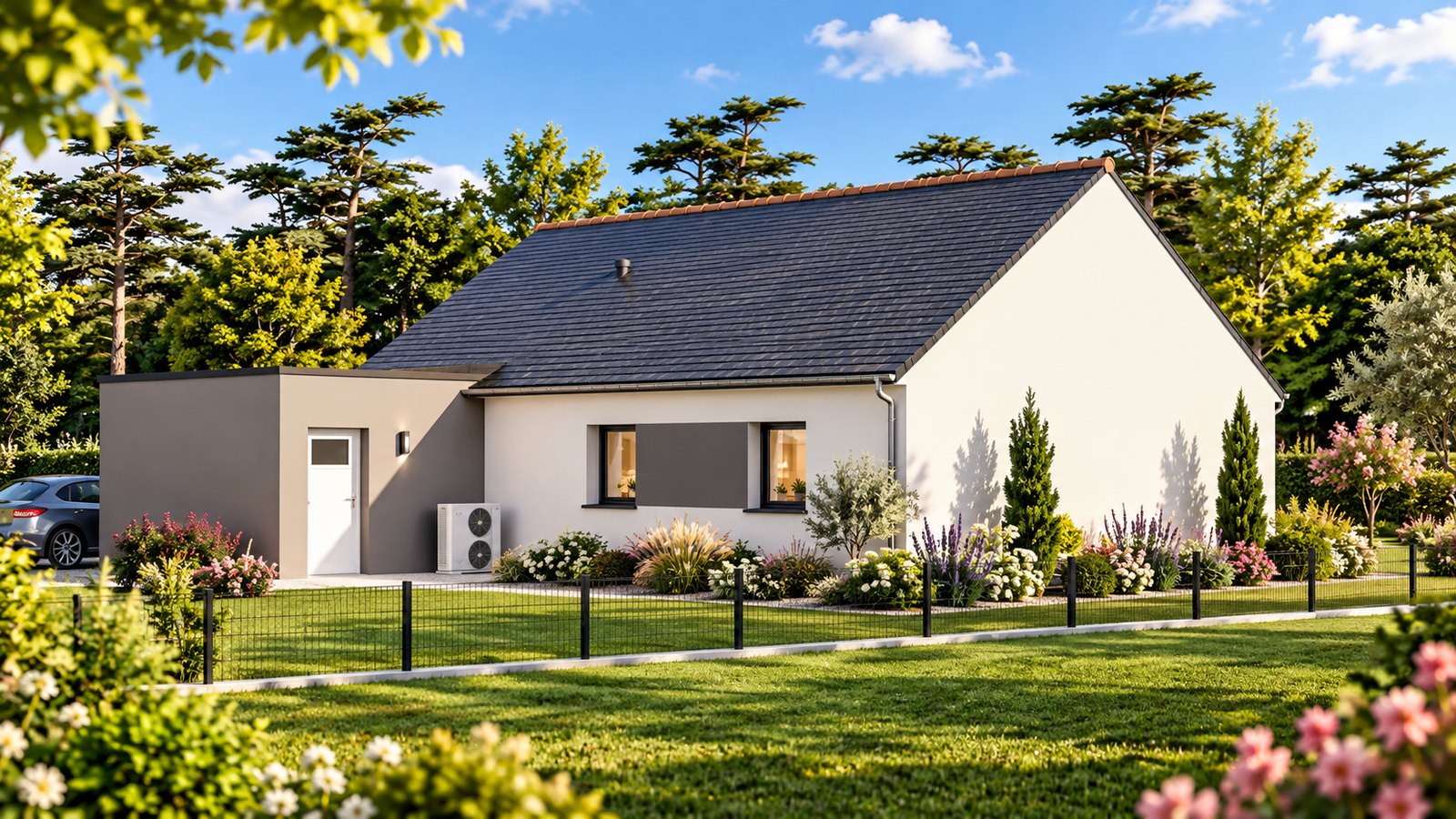 Brand new three-bedroom bungalow with integrated garage of the type built in the Manche, southern Normandy