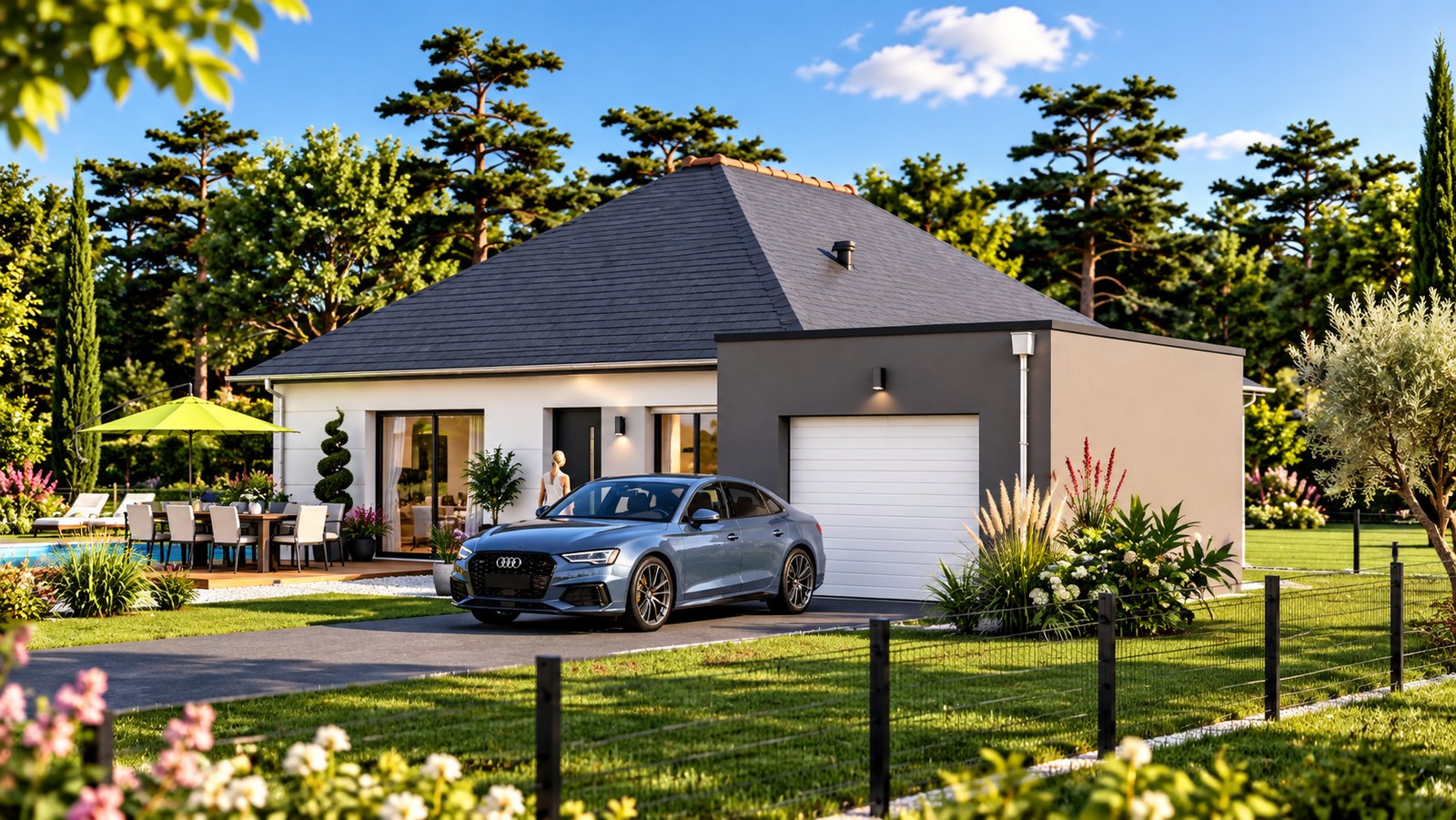 Brand new three-bedroom bungalow with integrated garage of the type built in the Manche, southern Normandy