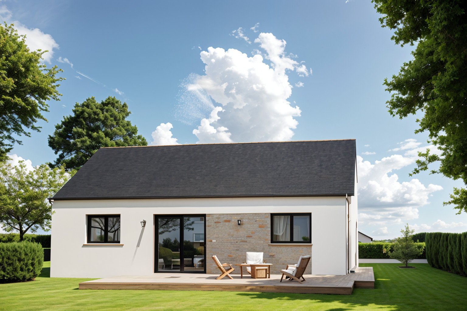 A newly built bungalow in Brittany with a terrace and lawn, built to the RE2020 standard