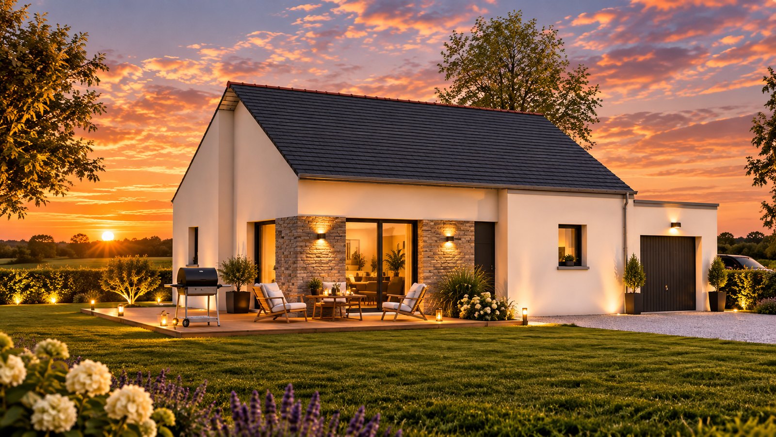 Brand new three-bedroom bungalow with integrated garage of the type built on the Côtes-d'Armor coast