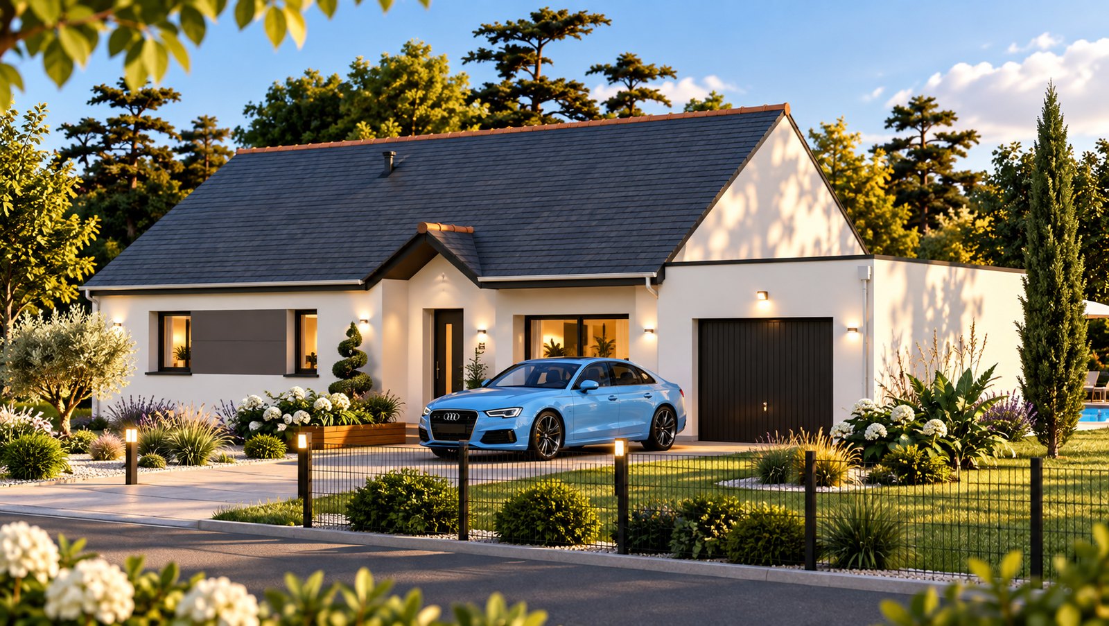 Brand new three-bedroom bungalow with integrated garage of the type built around Redon in southern Brittany