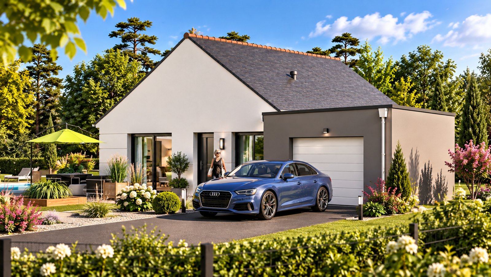 Brand new three-bedroom bungalow with integrated garage of the type built in the Manche, southern Normandy