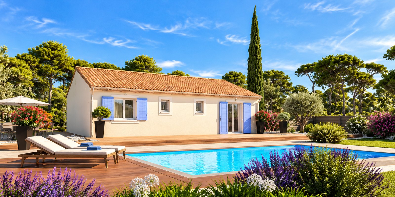 Brand new three-bedroom bungalow with integrated garage of the type built in the southern Vendée