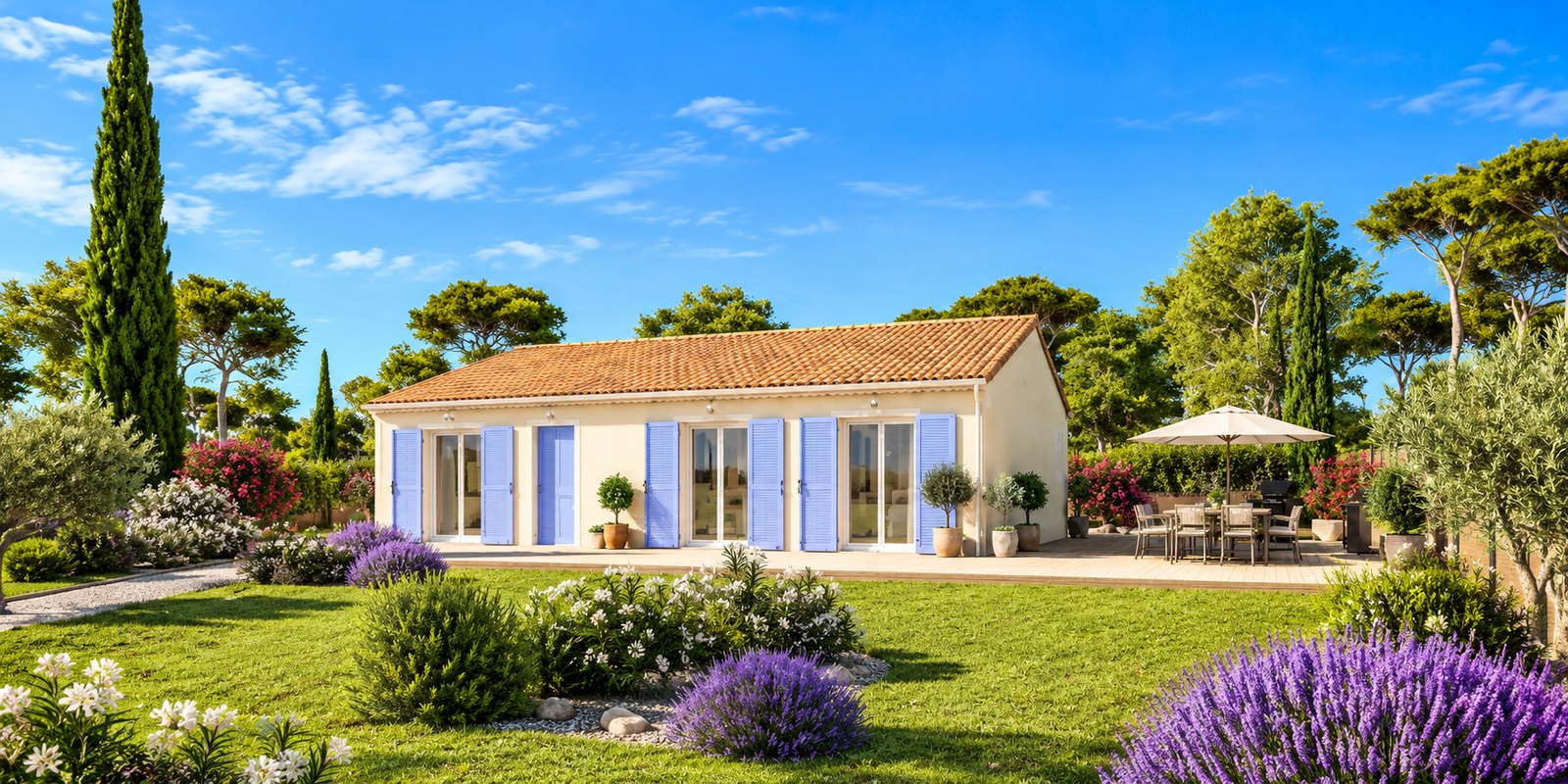 Brand new three-bedroom bungalow with integrated garage of the type built in the southern Vendée