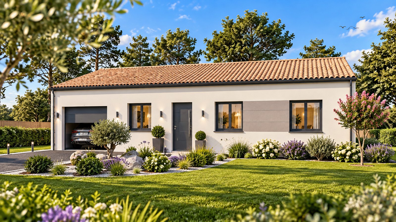 Brand new three-bedroom bungalow with integrated garage of the type built in the southern Vendée